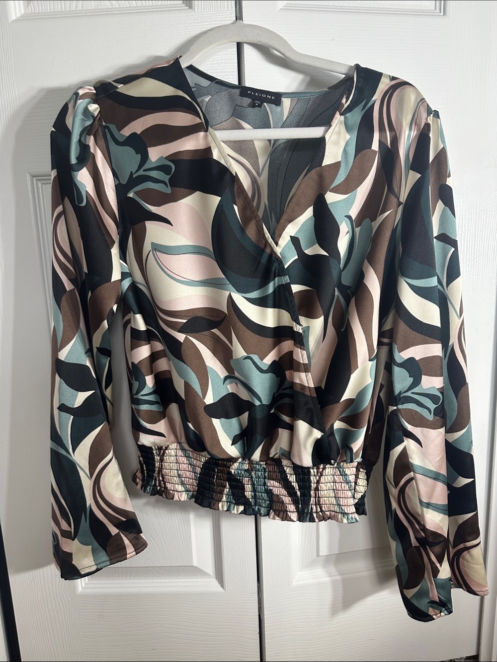 Pleione Abstract Floral Wrap Blouse in Teal, Brown & Cream
